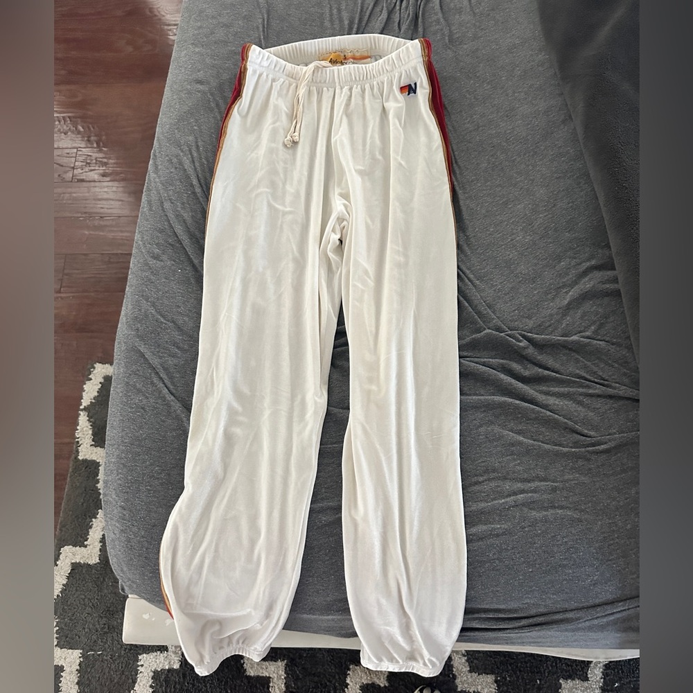 Aviator Nation White Lounge Pants with Red & Orange Side Stripes